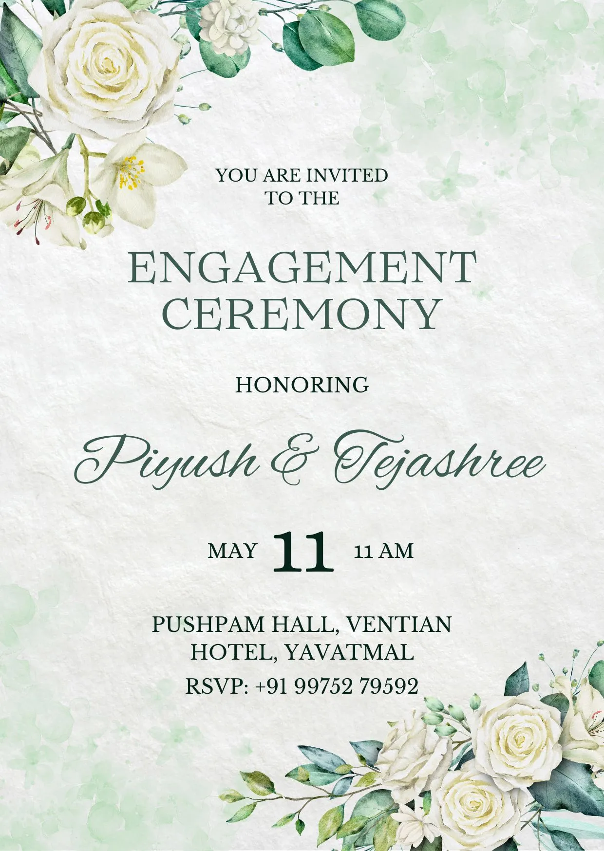 Floral Green & White Engagement Invitation Card | Elegant Botanical Engagement Invite | DBI-03