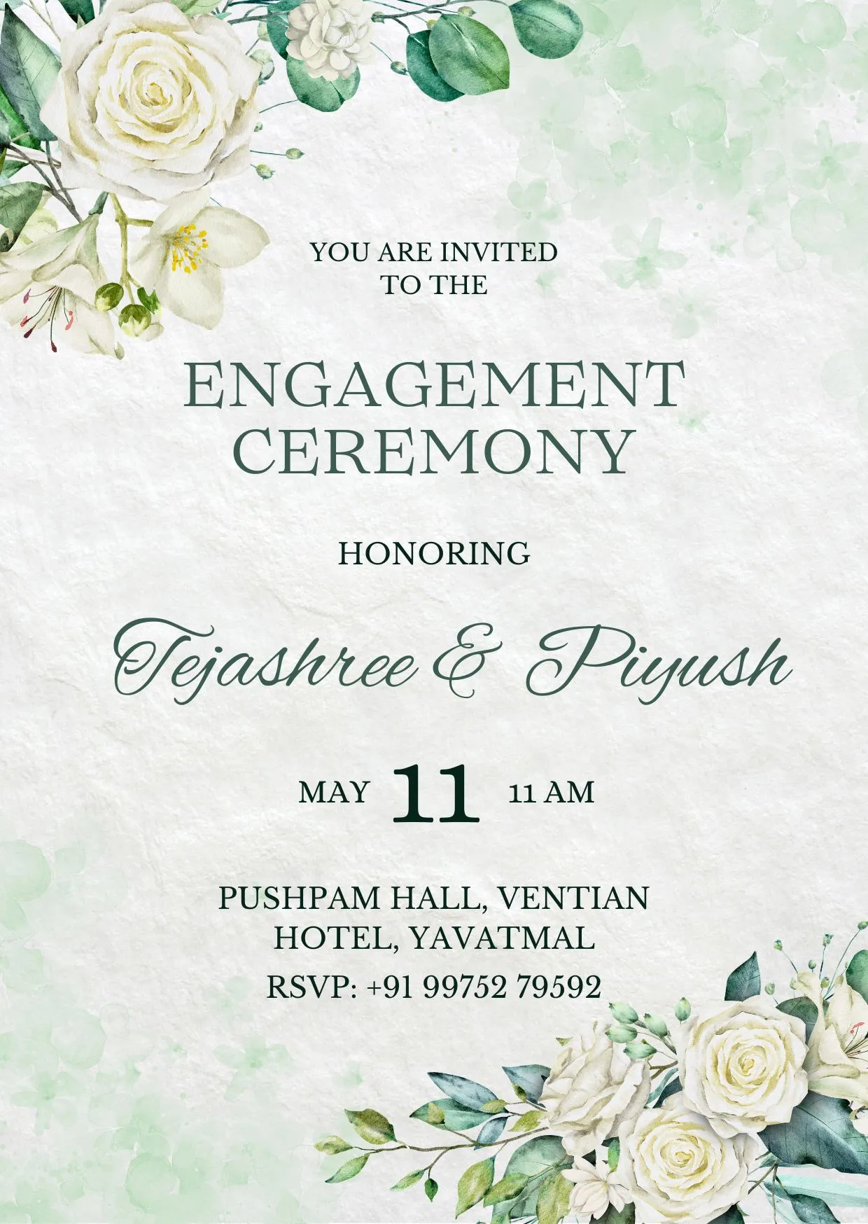 Floral Green & White Engagement Invitation Card | Elegant Botanical Engagement Invite | DBI-03 Alternate