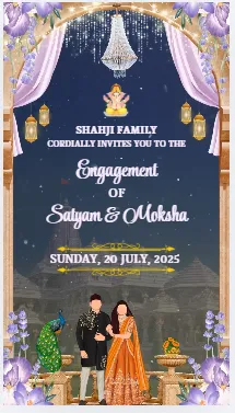 Indian Engagement Invitation | Lavender Curtain Chandelier Ganesh Palace Night Animated Couple Theme | DBI-04