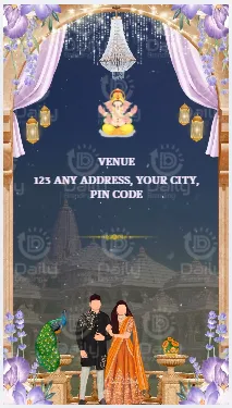 Indian Engagement Invitation | Lavender Curtain Chandelier Ganesh Palace Night Animated Couple Theme | DBI-04 Alternate
