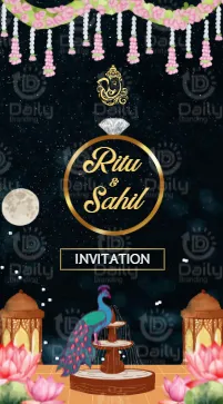 Indian Ring Ceremony Invitation | Dark Floral Night Sky Ganesh Diamond Ring Peacock Couple Theme | DBI-05 Alternate