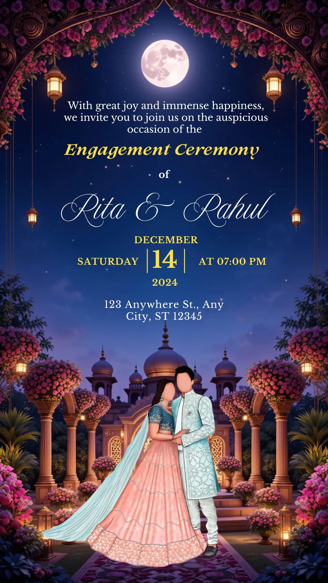 Indian Engagement Ceremony Invitation | Moonlight Royal Palace Night Sky Couple Illustration Theme | DBI-02